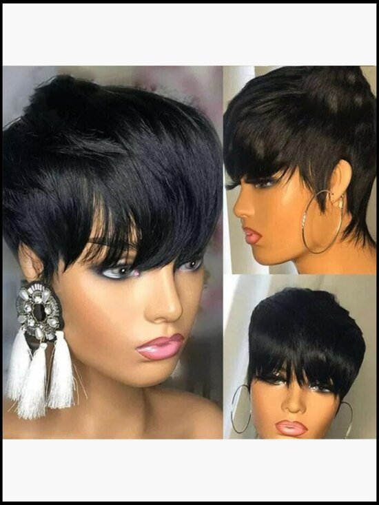 Pixie Cut Human Hair Wig with Bangs Layered Wavy Capless Breathable Heat